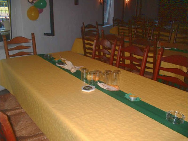 Lange, festlich gedeckte Tafel mit Gläsern und grünem Tischläufer, im Hintergrund bunte Luftballons.